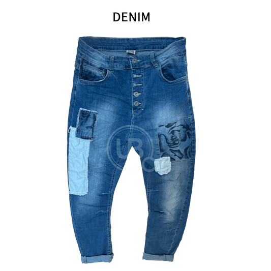 DENIM LOW RISE FLORAL PATCH JEANS