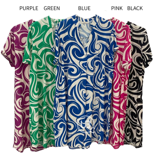 VISCOSE FRONT PLEAT SWIRL PRINT DRESS