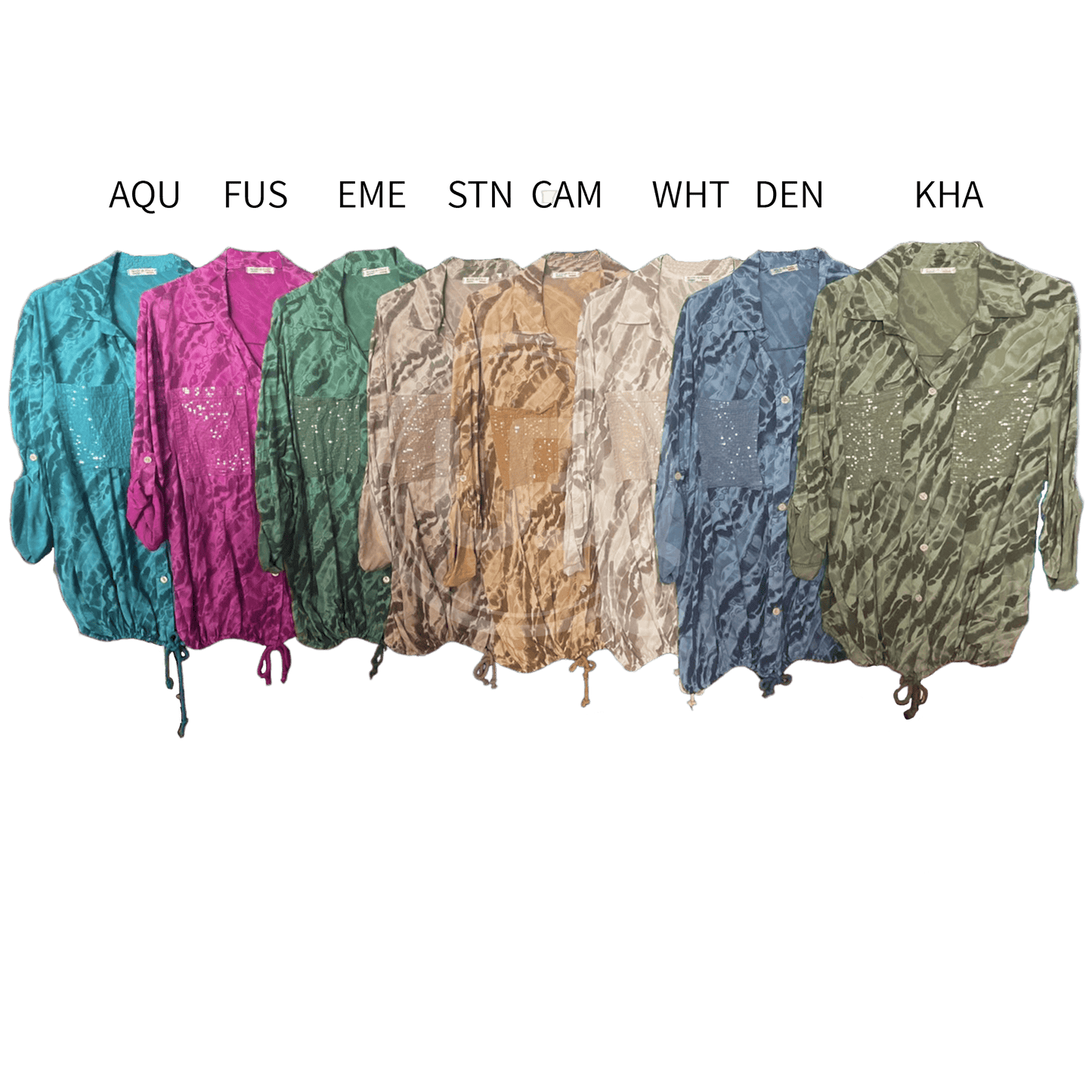 MARISA COTTON VISCOSE DOUBLE SEQUIN POCKET DRAWSTRING SHIRT