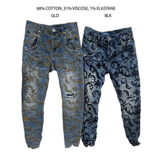 ADELAIDE STRETCH DENIM JEANS WITH FLEUR DE LIS FLOCKING