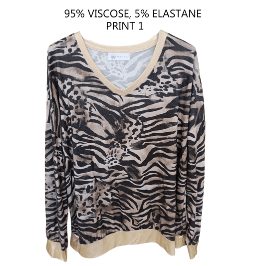ISABELLE ANIMAL PRINT V-NECK GOLD HEM TOP