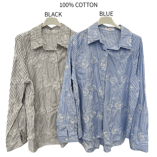 NOELLE POLY COTTON EMBROIDERY STRIPE SHIRT