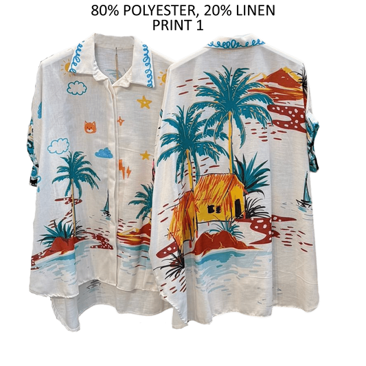 NANCY POLY LINEN PRINTED SHORT SLEEVE SHIRT