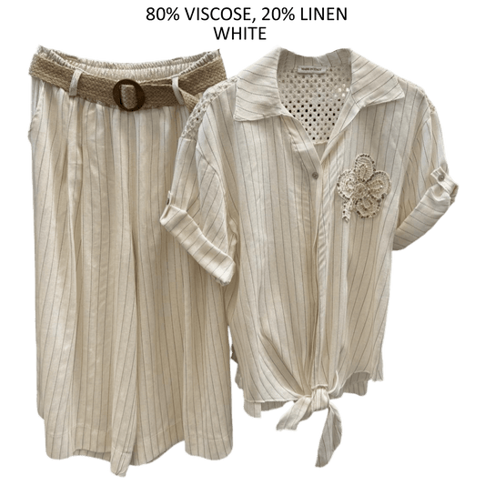 DALARY VISCOSE LINEN STRIPE FLOWER PANTS TOP SET