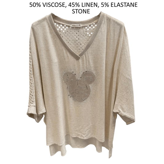 LAYLA VISCOSE LINEN BLEND MICKEY V-NECK TOP