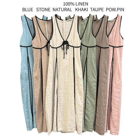 CONTESSA LINEN BLACK TRIM PLEATED BRA VEST DRESS