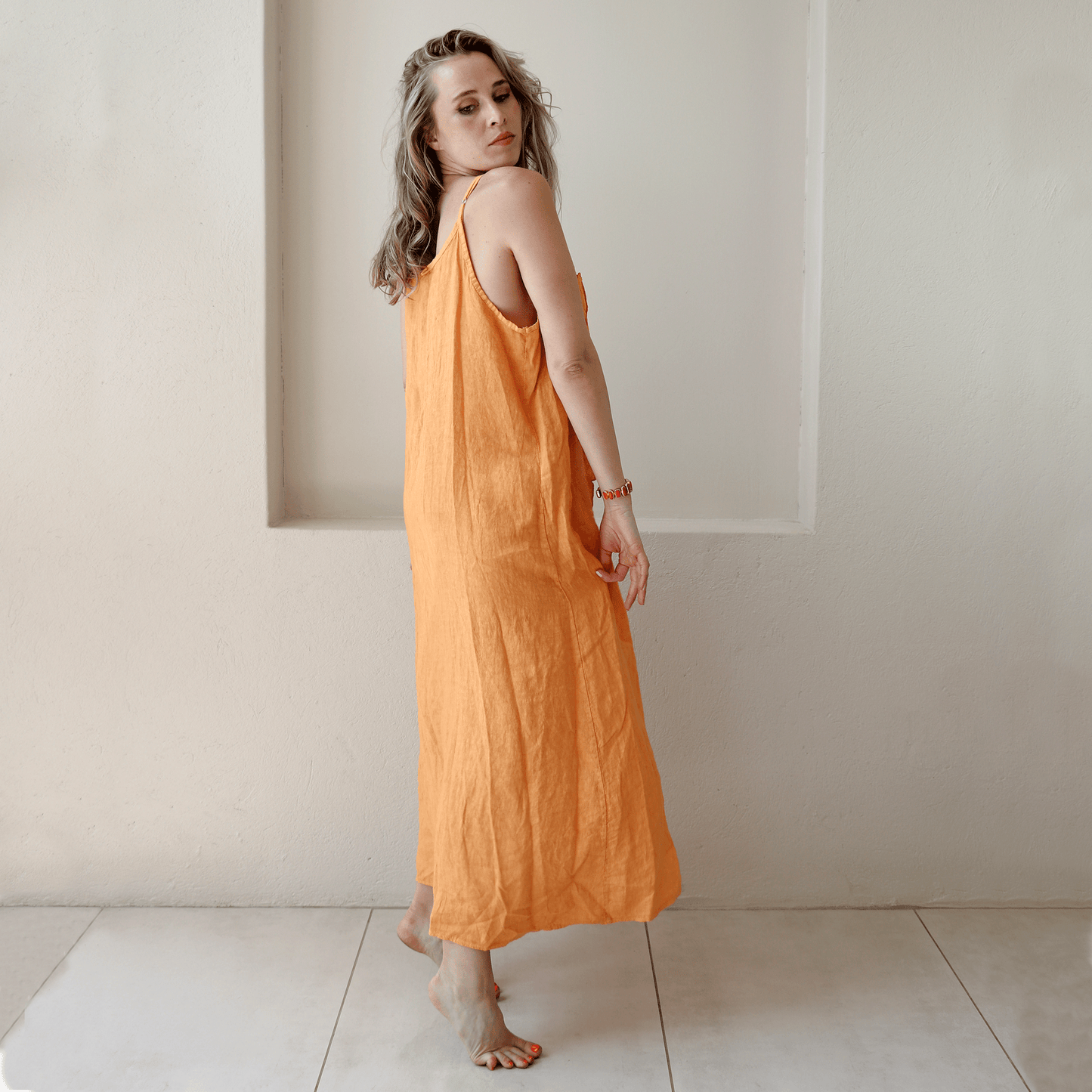 ARGELIA LINEN LONG RUFFLE CAMMI DRESS