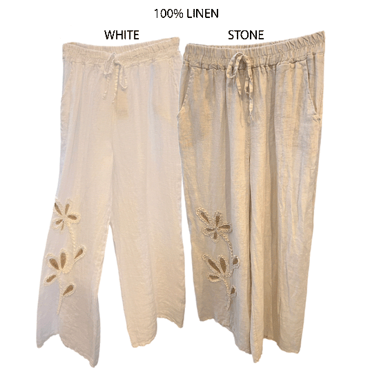 HESTER LINEN FLOWER APPLIQUE PANTS