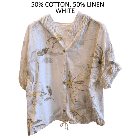 JOHANNA LINEN MIX FLOWER PRINT DRAW STRING SHIRT