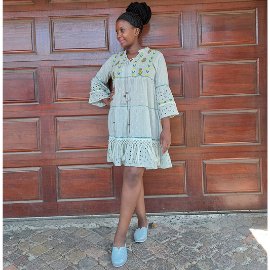 MIX COTTON/VISCOSE/GEORGETTE SEQUIN FRILL DRESS