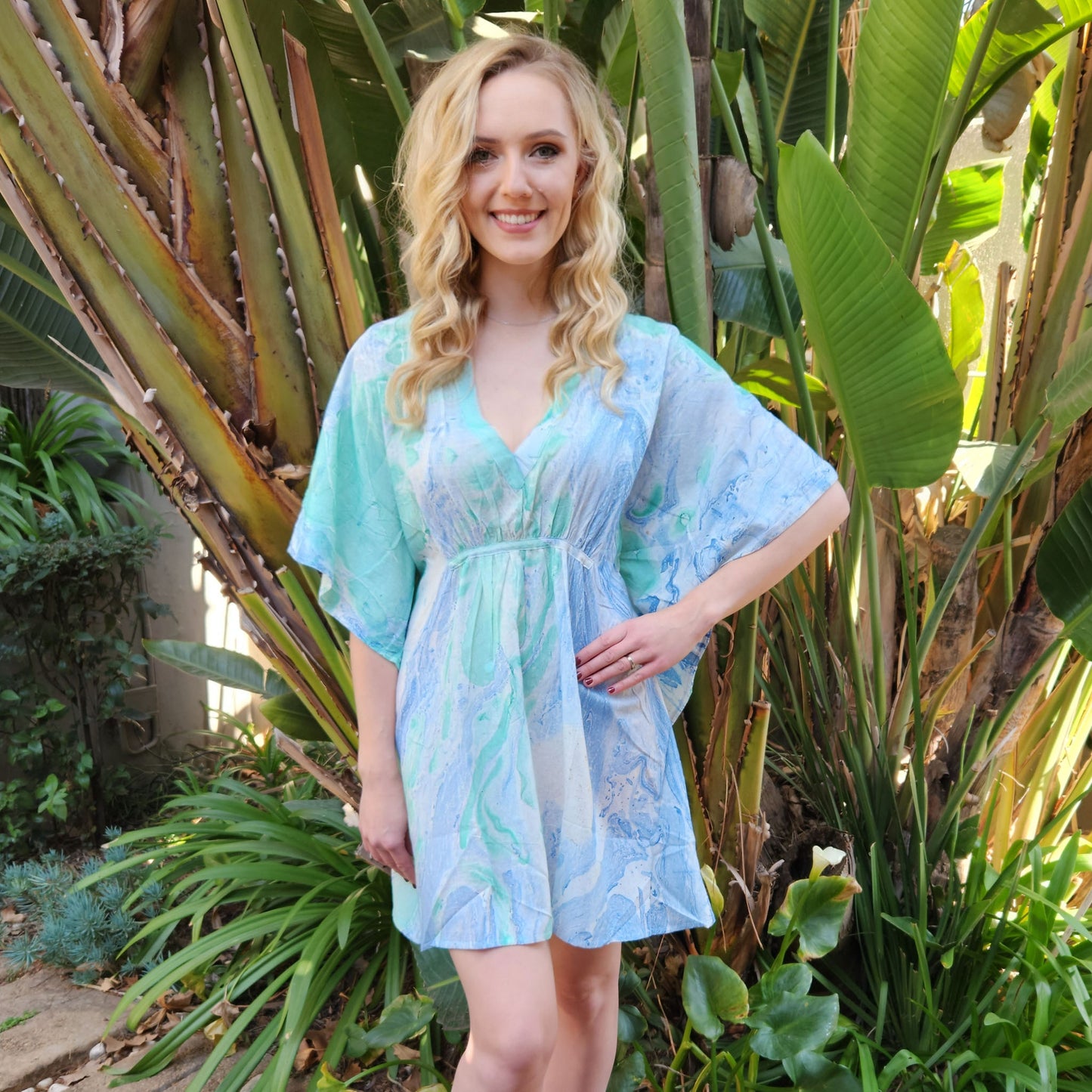 MARBLE PRINT SHORT KAFTAN DRESS