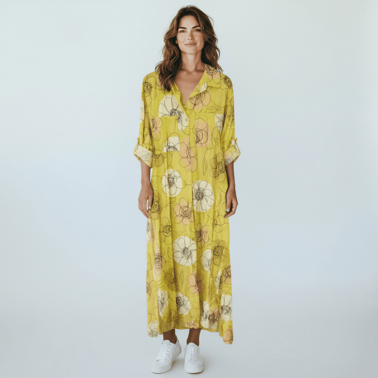 BELEN COTTON DOODLE FLOWER PRINT LONG SHIRT DRESS