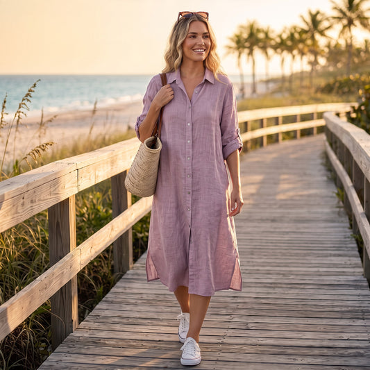 MARTA LINEN EMBROIDERY BACK LONG SHIRT DRESS