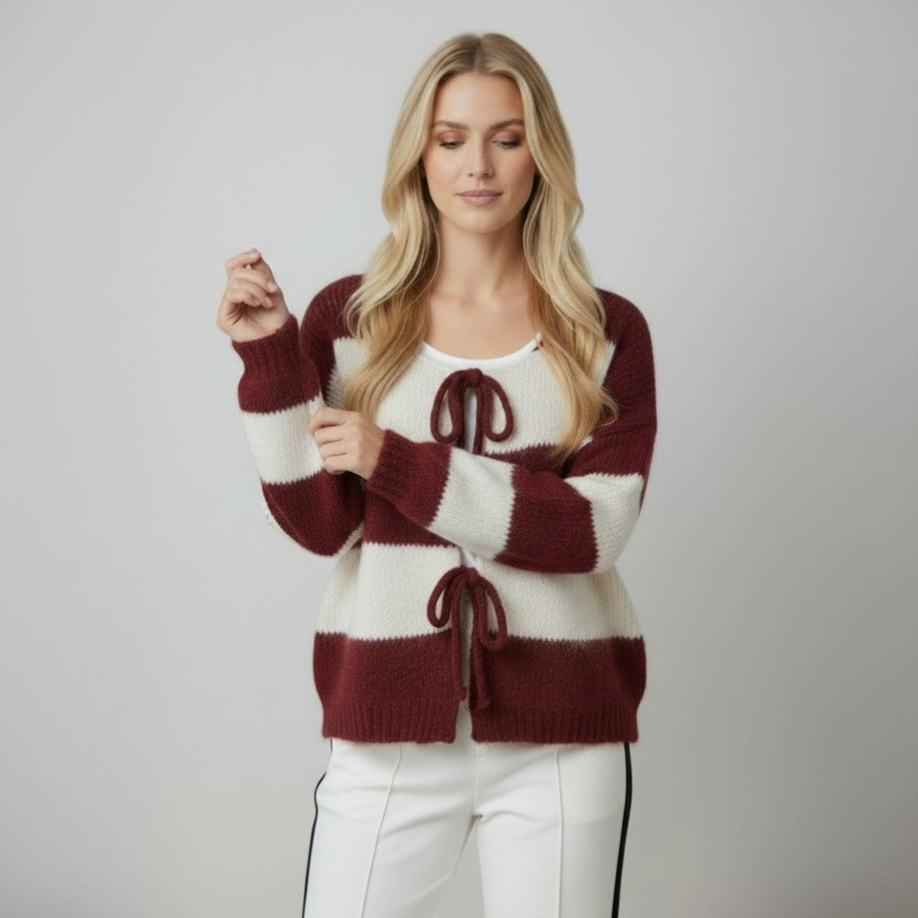 JENNY KNIT MIX WOOL STRIPE TIE CARDIGAN