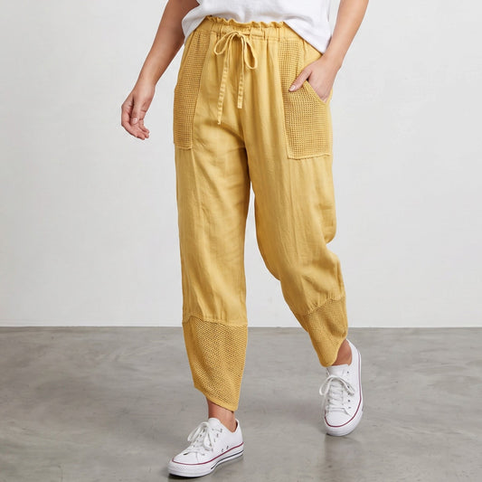 OLIVE COTTON MIX NET BARREL PANTS