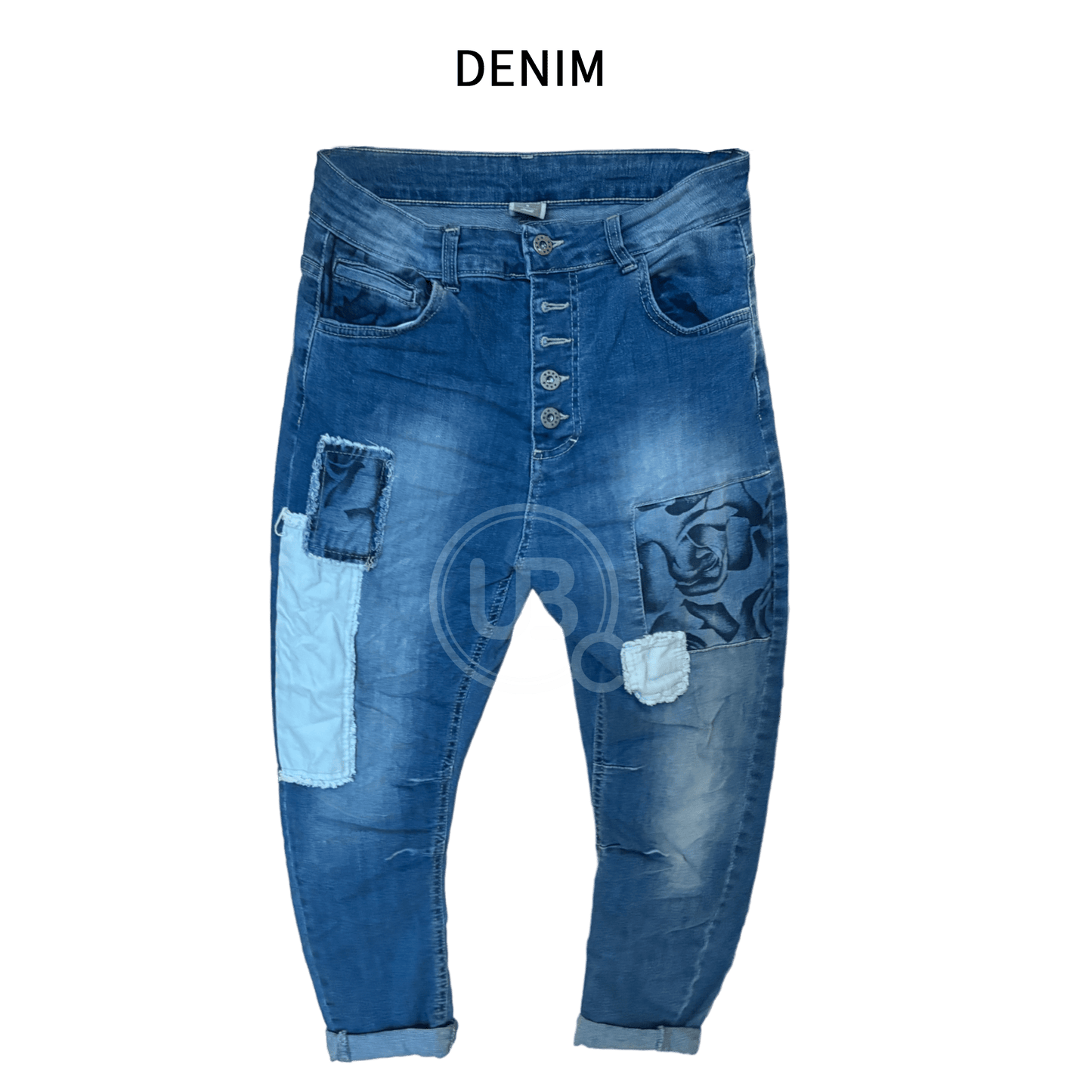 DENIM LOW RISE FLORAL PATCH JEANS