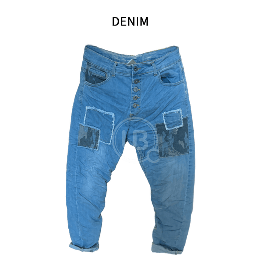 DENIM CAMO PATCH HAREM JEANS