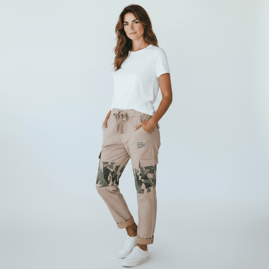 COTTON ELASTANE CAMO PATCH PANTS