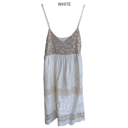 COTTON SEQUIN ANGLAISE STRAP DRESS