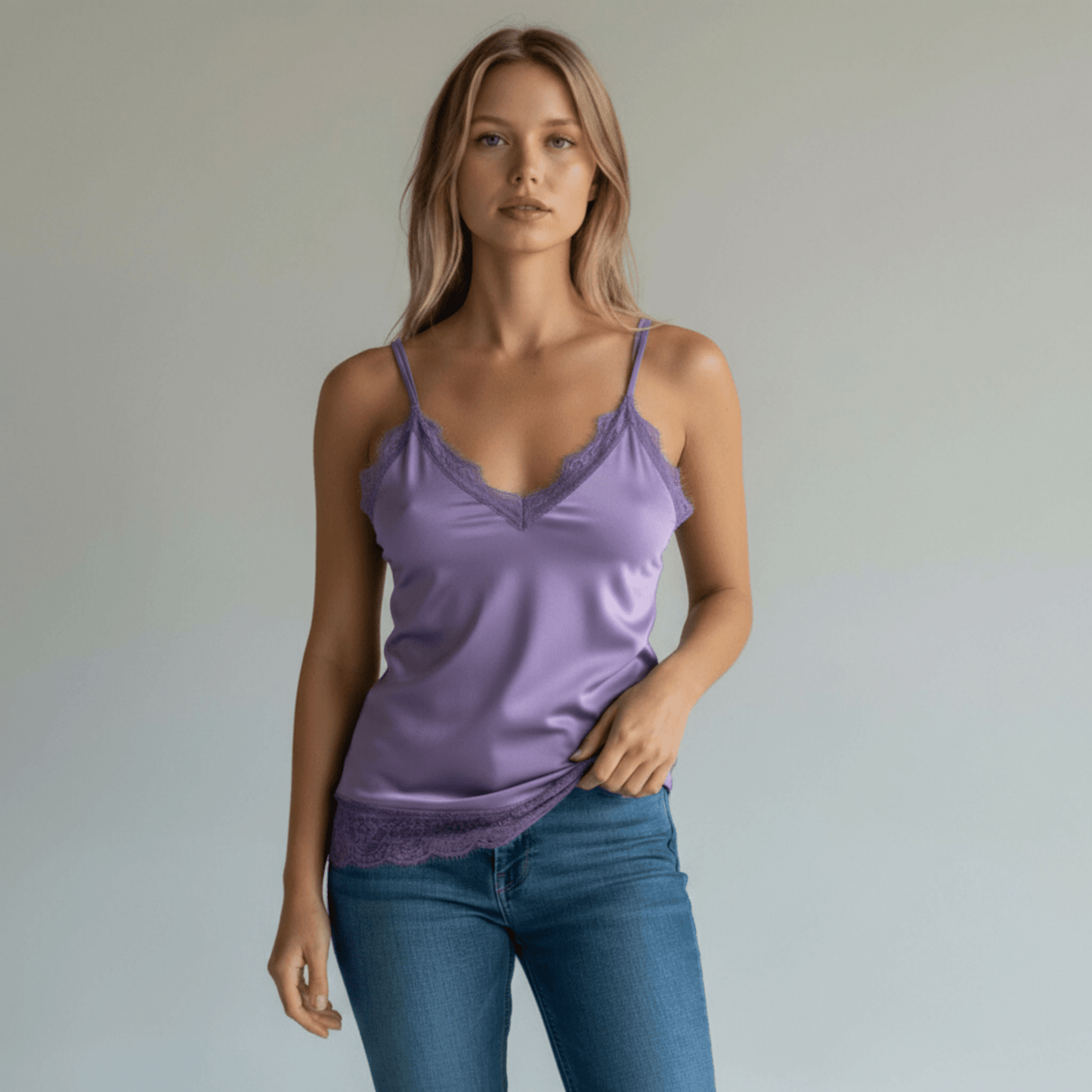 SATIN STRAP LACE HEM CAMMIE