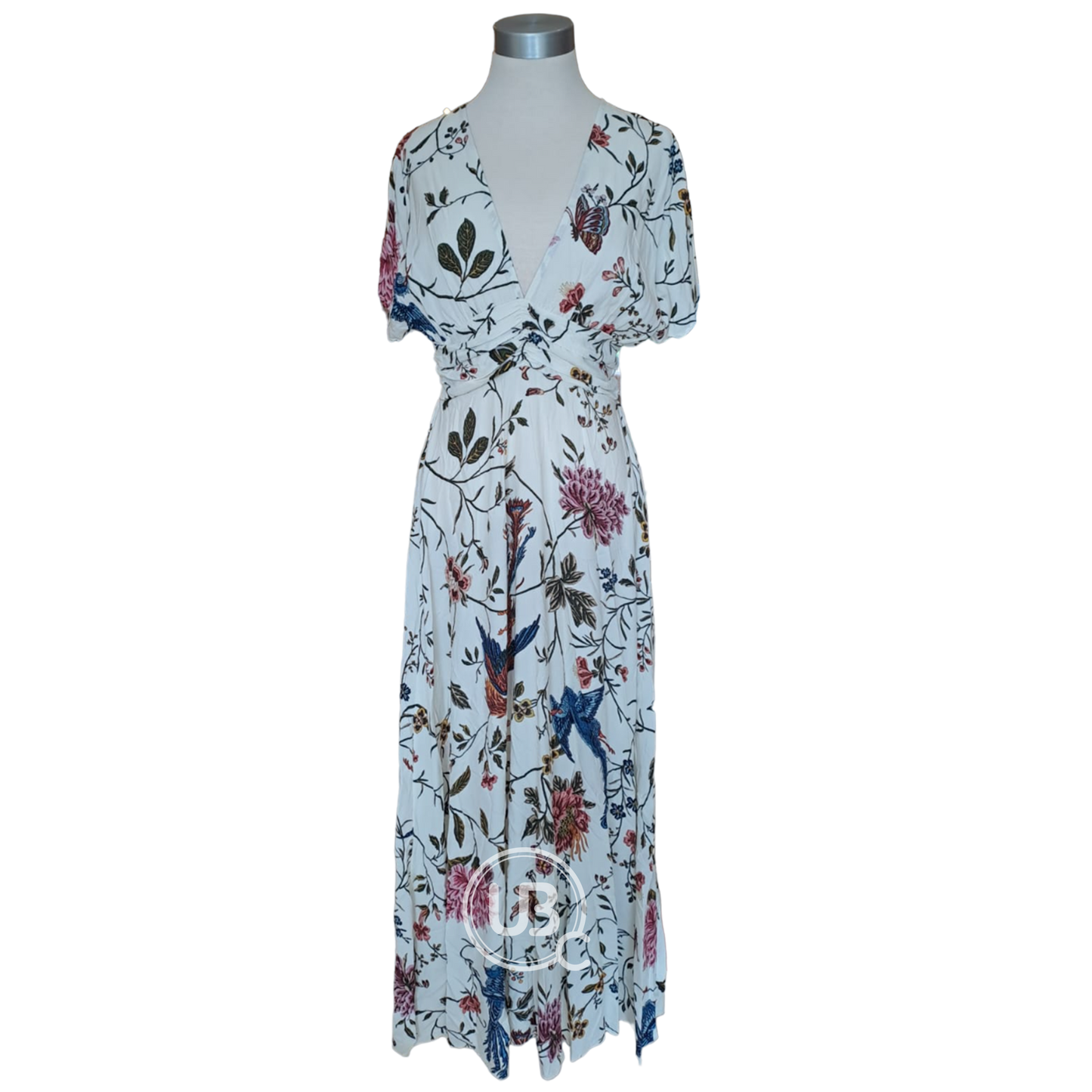 VISCOSE FLORAL ROUGING MAXI DRESS