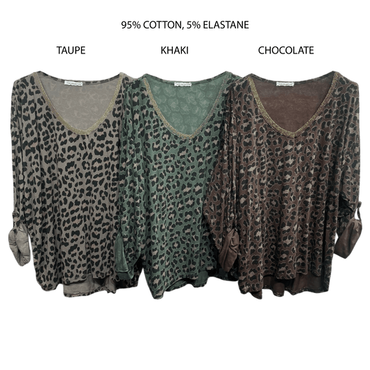 REAGAN COTTON ELASTANE SMALL ANIMAL PRINT TOP - TAUPE