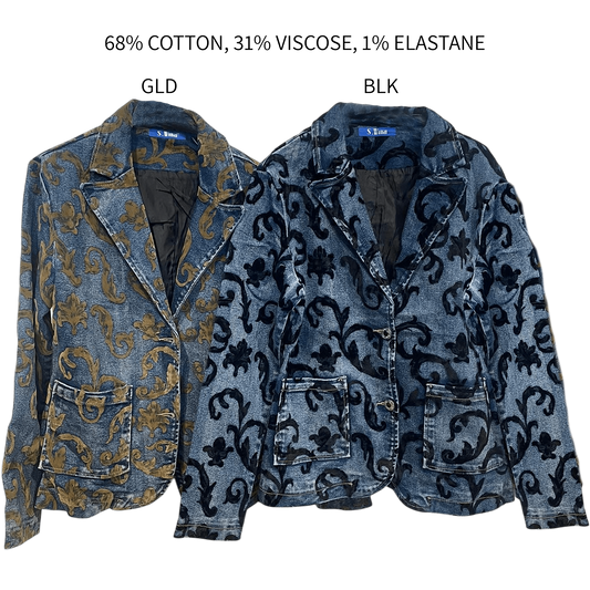 MARJORIE STRETCH DENIM JACKET WITH FLEUR DE LIS FLOCKING