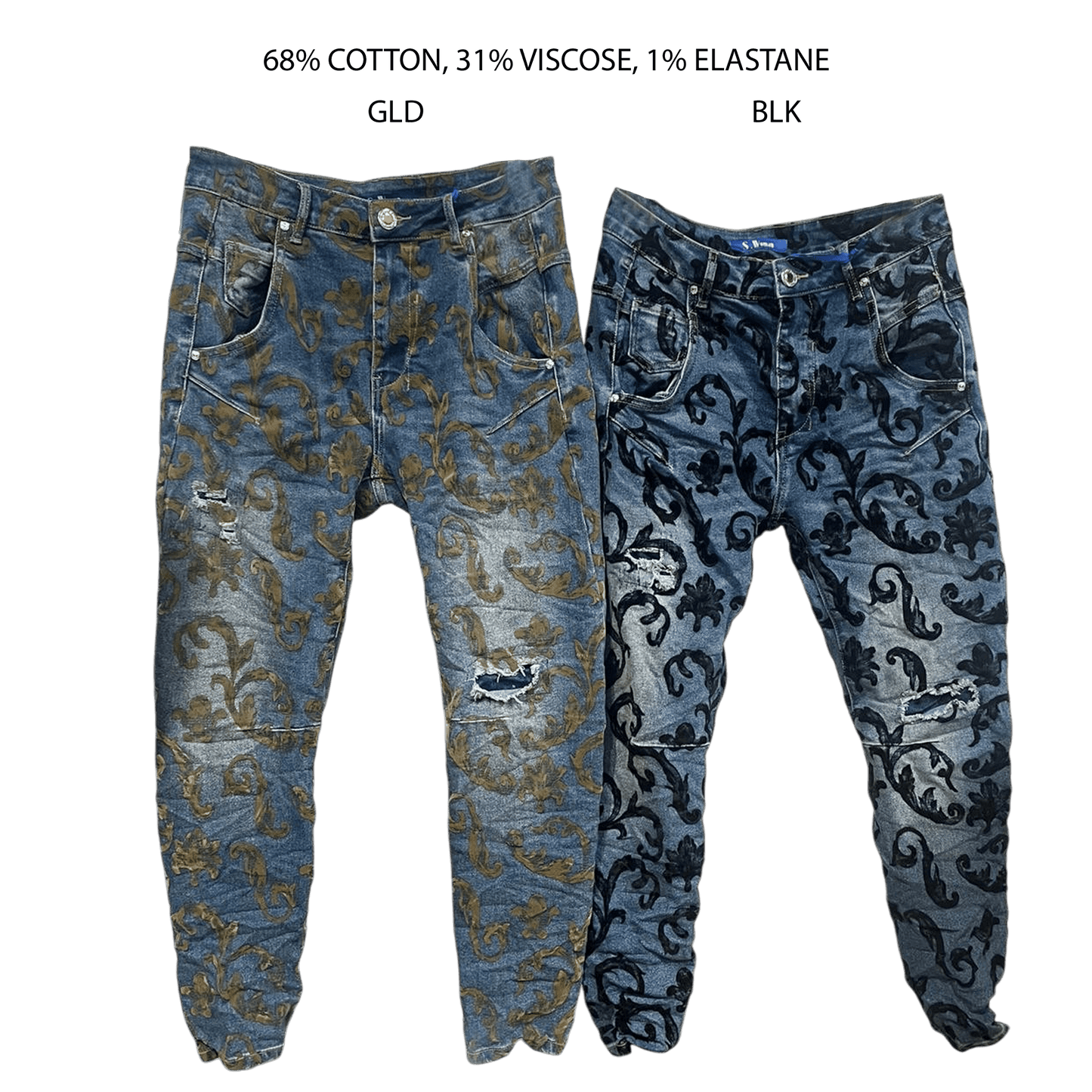 ADELAIDE STRETCH DENIM JEANS WITH FLEUR DE LIS FLOCKING