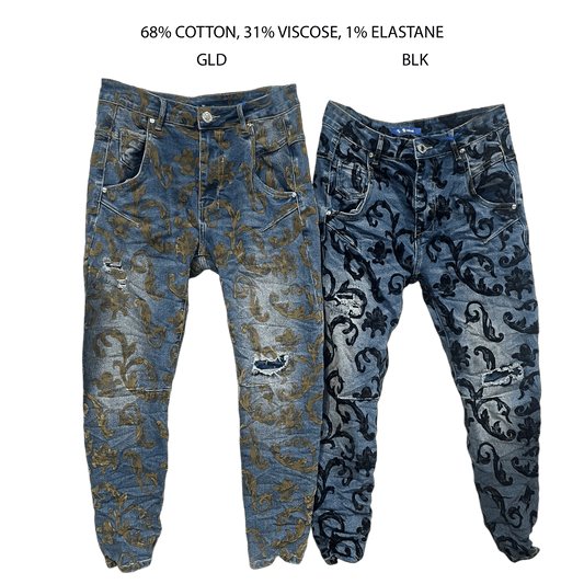 ADELAIDE STRETCH DENIM JEANS WITH FLEUR DE LIS FLOCKING