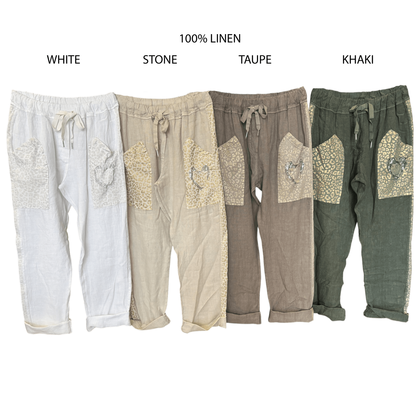 GRACE LINEN ANIMAL & HEART POCKET DETAIL PANTS