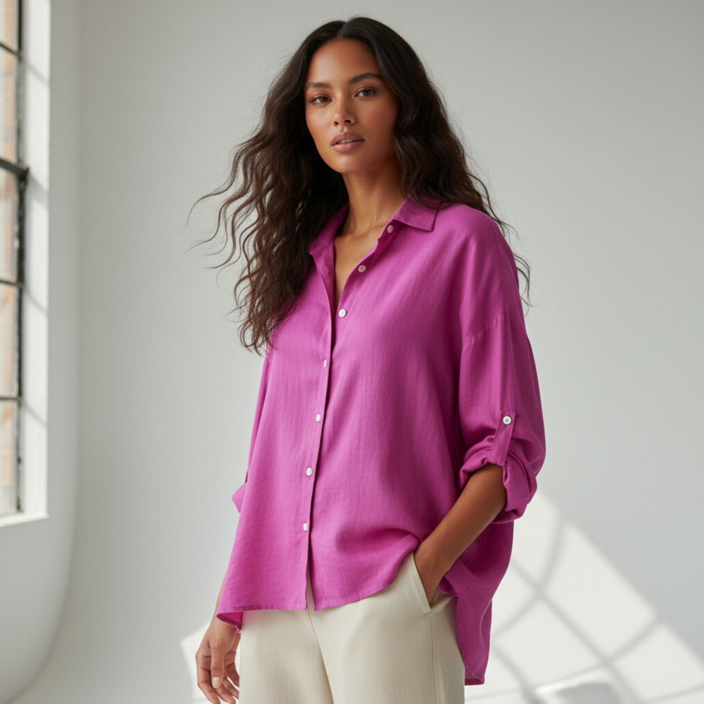 BRIELLA LINEN LONG SLEEVE BUTTON-UP SHIRT
