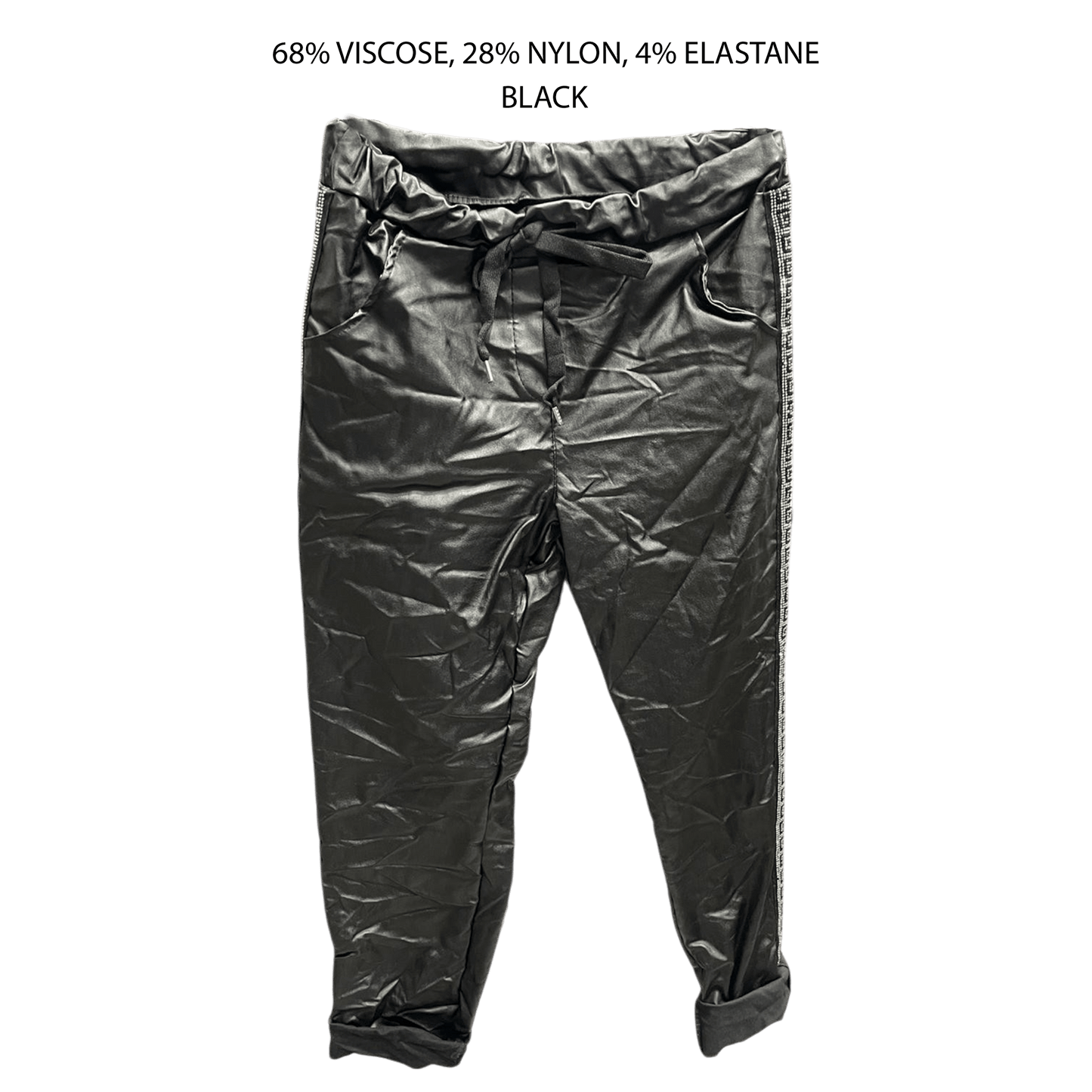 ISLA VISCOSE ELASTANE LEATHER LOOK SIDE TRIM DIAMANTE PANTS