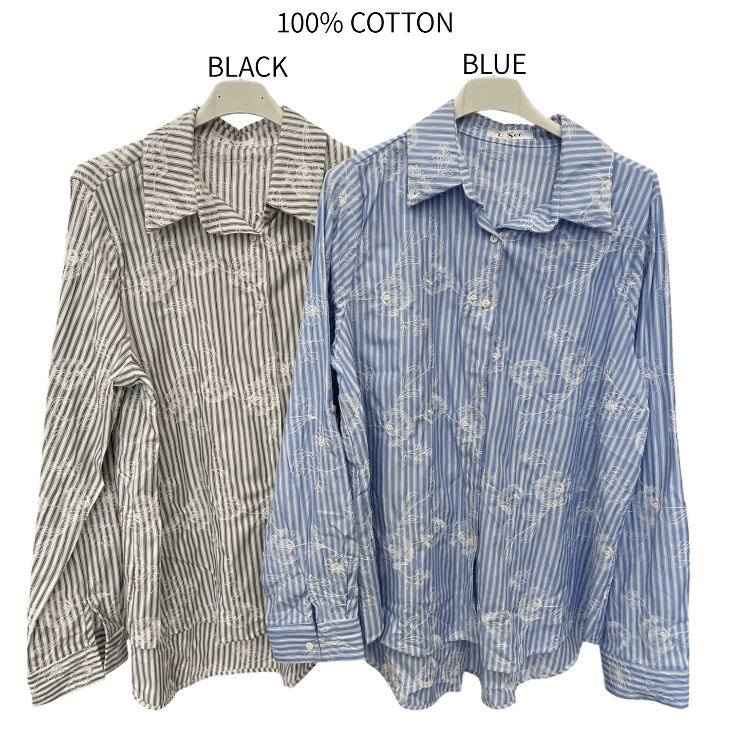 NOELLE POLY COTTON EMBROIDERY STRIPE SHIRT