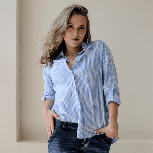 NOELLE POLY COTTON EMBROIDERY STRIPE SHIRT