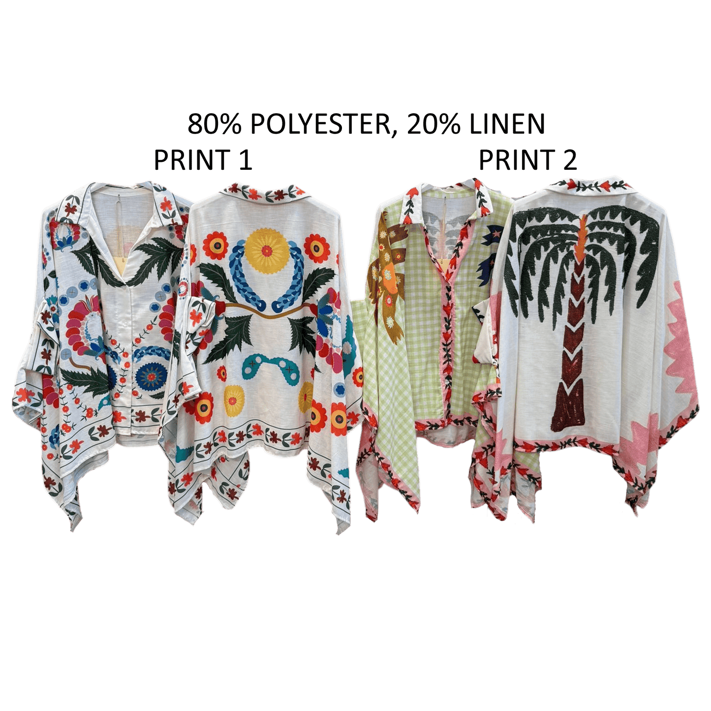 KAYLIE POLY LINEN PRINTED BATWING KAFTAN SHIRT