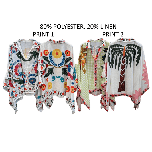 KAYLIE POLY LINEN PRINTED BATWING KAFTAN SHIRT