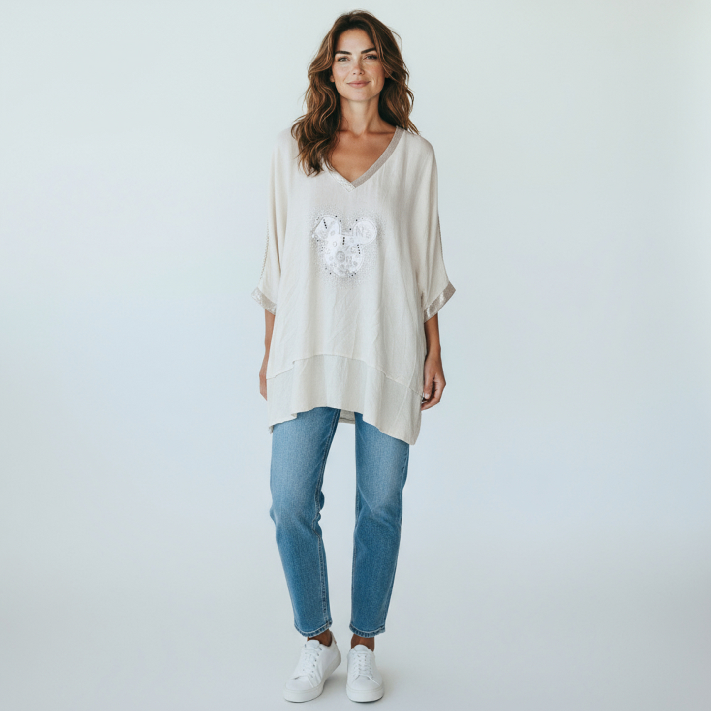 LAYLA VISCOSE LINEN BLEND MICKEY V-NECK TOP