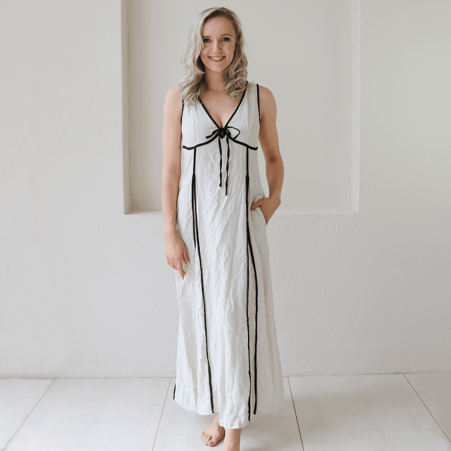 CONTESSA LINEN BLACK TRIM PLEATED BRA VEST DRESS