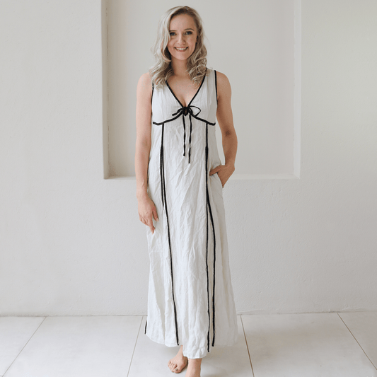 CONTESSA LINEN BLACK TRIM PLEATED BRA VEST DRESS