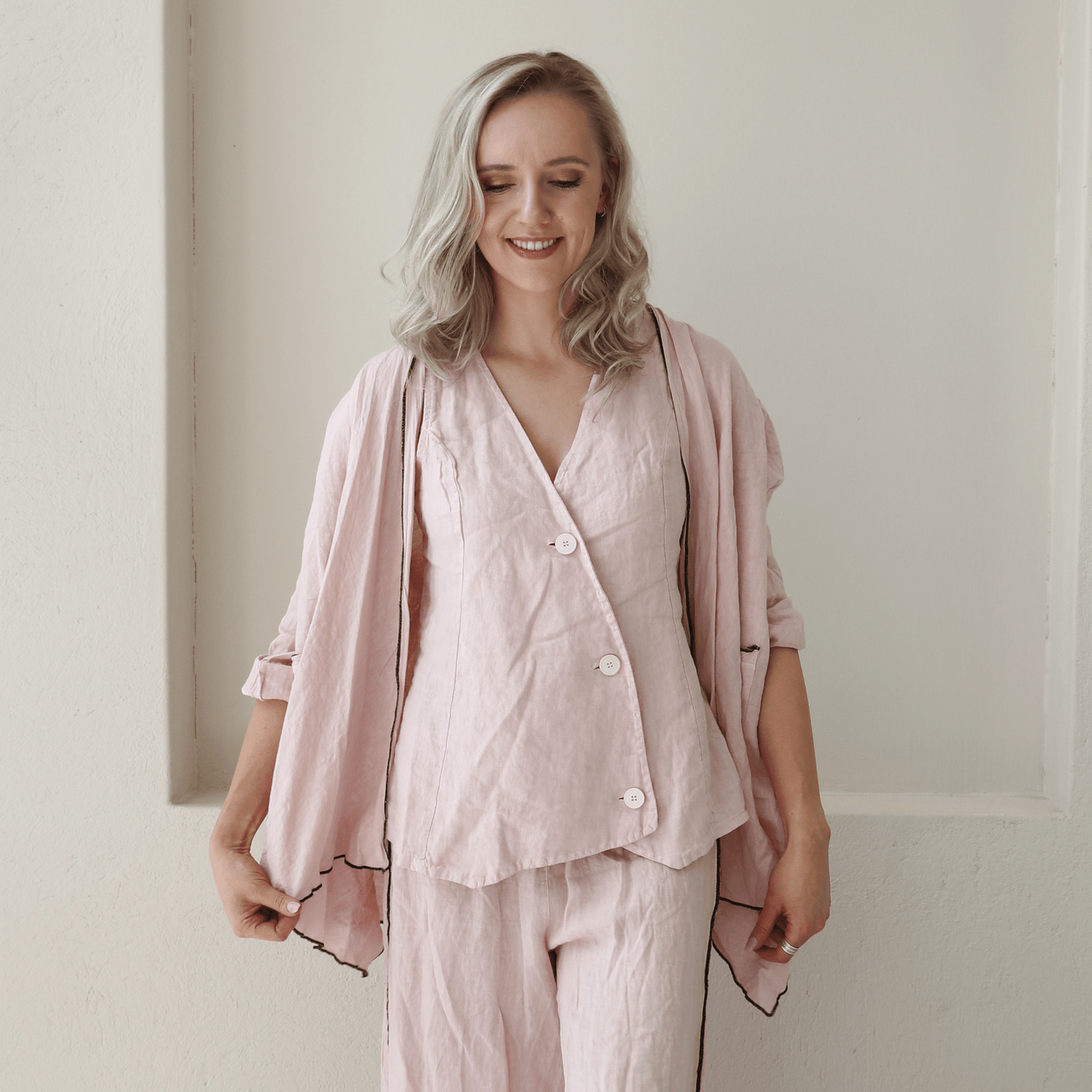 CORETTA LINEN BLACK TRIM WATERFALL JACKET
