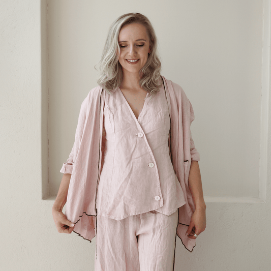 CORETTA LINEN BLACK TRIM WATERFALL JACKET