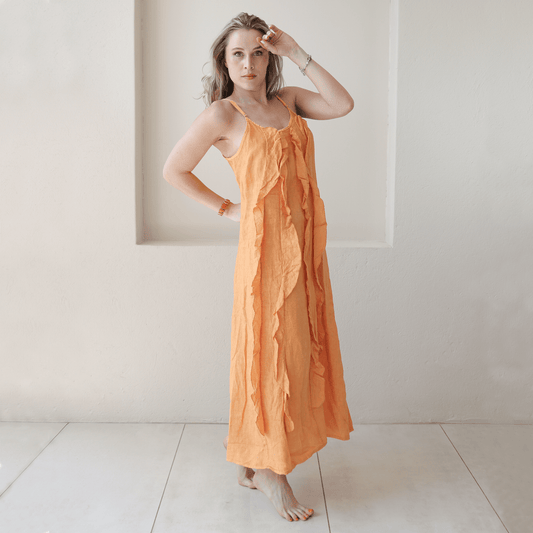 ARGELIA LINEN LONG RUFFLE CAMMI DRESS
