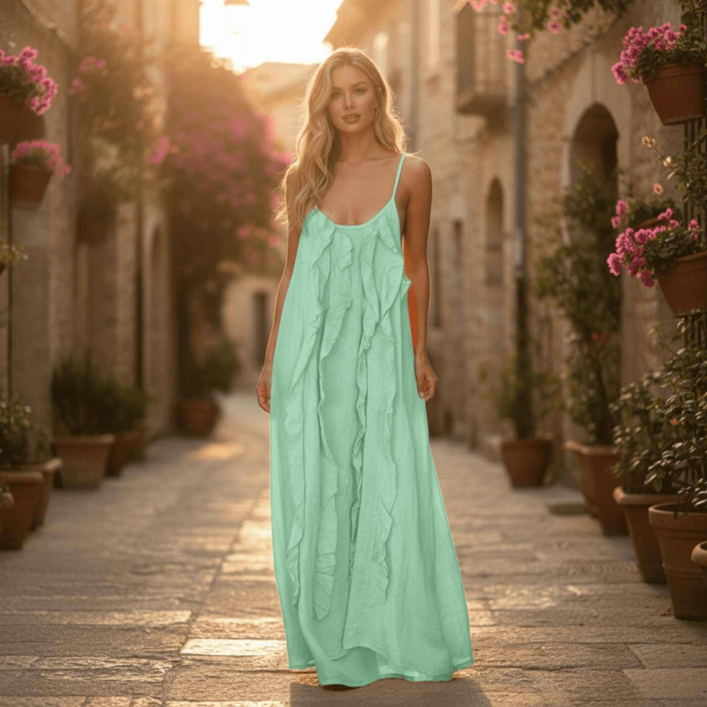 ARGELIA LINEN LONG RUFFLE CAMMI DRESS