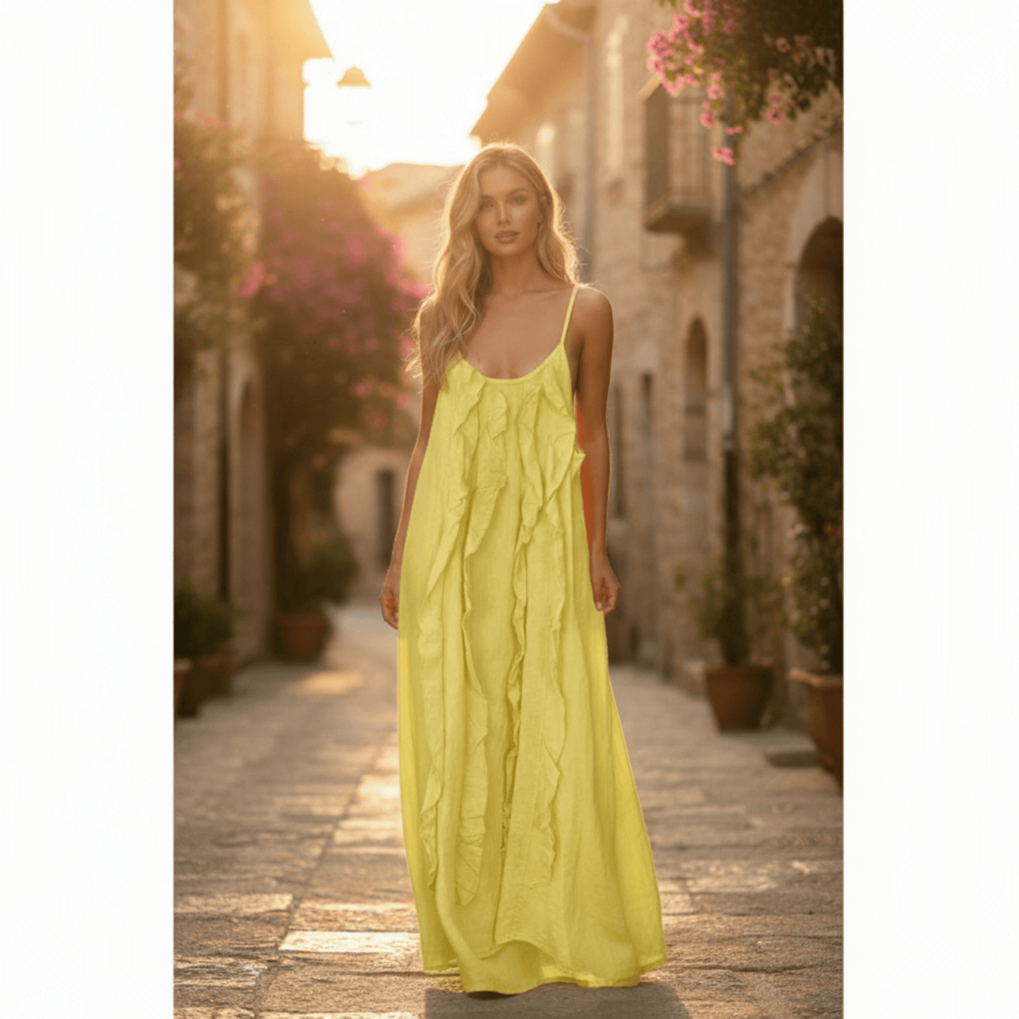 ARGELIA LINEN LONG RUFFLE CAMMI DRESS