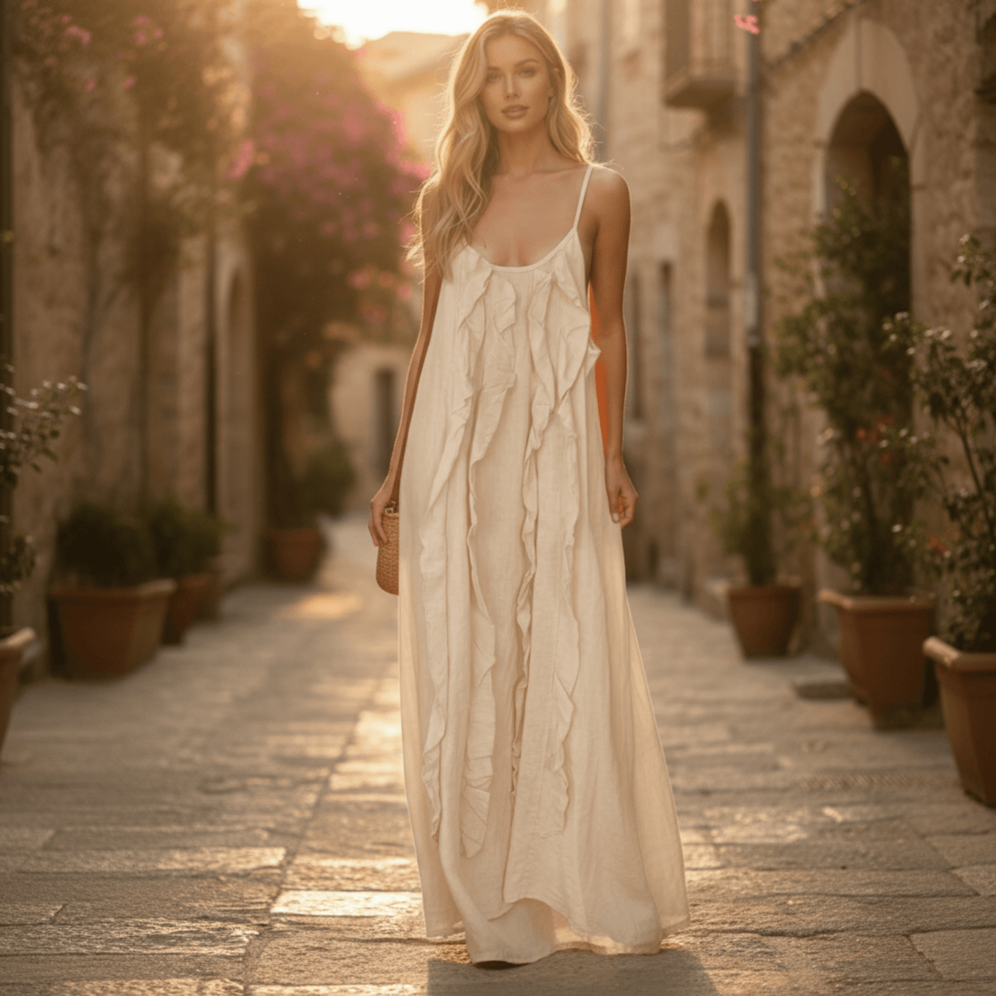 ARGELIA LINEN LONG RUFFLE CAMMI DRESS