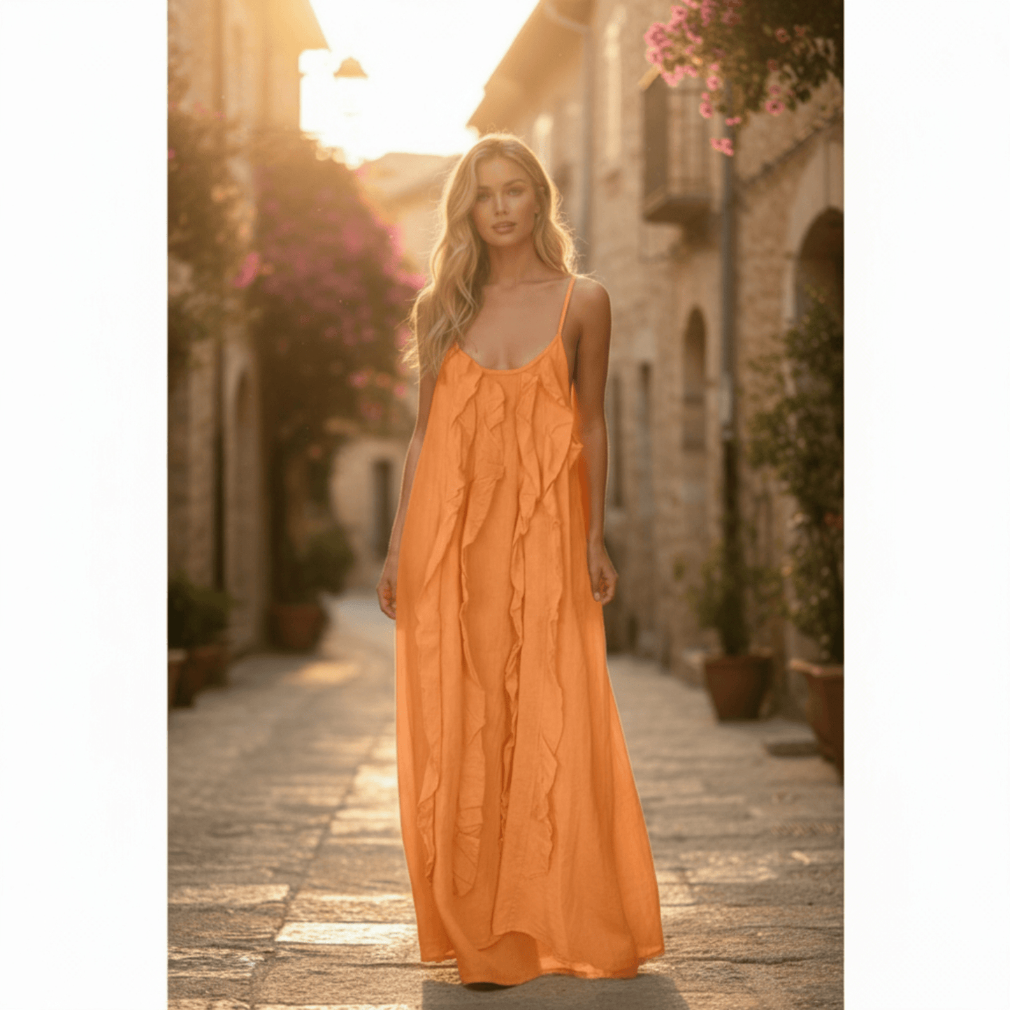 ARGELIA LINEN LONG RUFFLE CAMMI DRESS