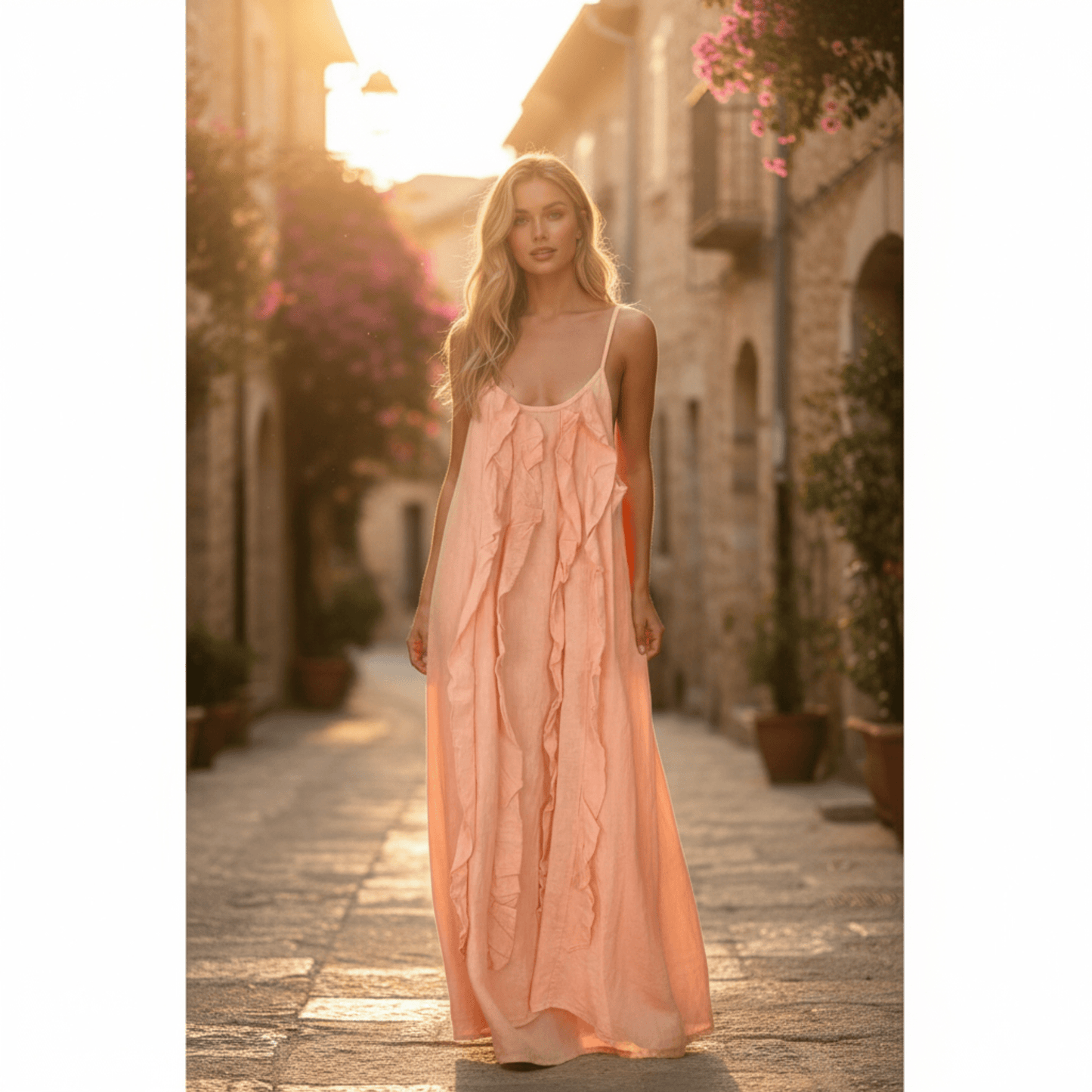 ARGELIA LINEN LONG RUFFLE CAMMI DRESS