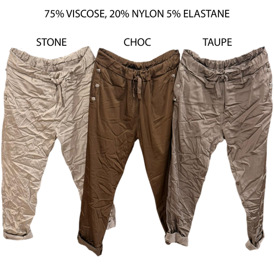 HEIDY VISCOSE SATIN ELASTANE DIAMANTE BUTTON POCKET PANTS