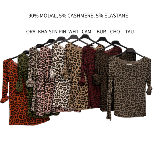 LUCIANA JERSEY KNIT MIX CASHMERE LEOPARD PRINT TOP