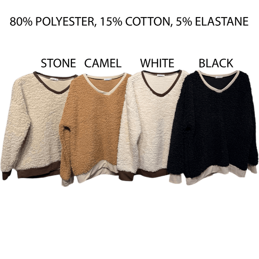 LANA FLUFFY KNIT VNECK CONTRAST TRIM TOP